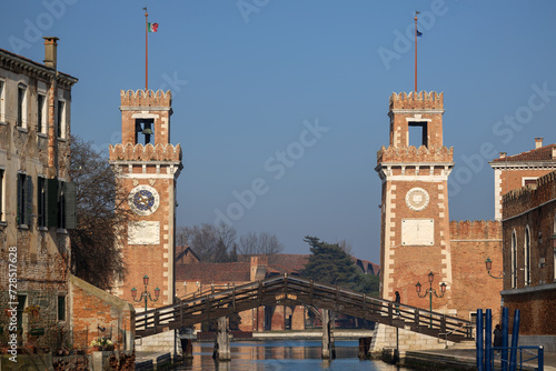 Entrance in the Arsenale di Venezia is a historic shipyard in the lagoon city of Venice, Veneto, Italy