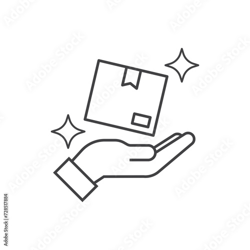 Hand holding new special box, delivery, surprise,  gift, premium, package shopping vector logo line art icon.