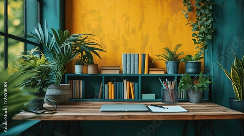 A contemporary home office setup with a vibrant yellow wall, lush green plants, and neatly arranged books, creating a lively and productive workspace