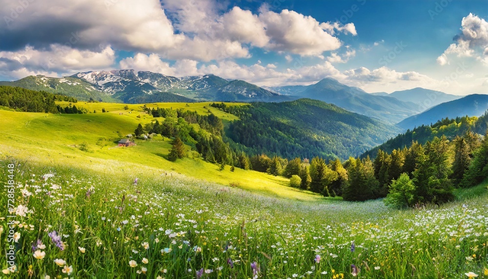 idyllic mountain landscape with fresh green meadows and blooming wildflowers idyllic nature countryside view rural outdoor natural view idyllic banner nature panoramic spring summer scenery