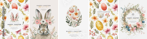 Happy easter! Vector elegant trendy watercolor illustration of cute Easter bunny with floral wreath, Easter eggs pattern, flowers, leaves and branches frame for greeting card, background or invitation