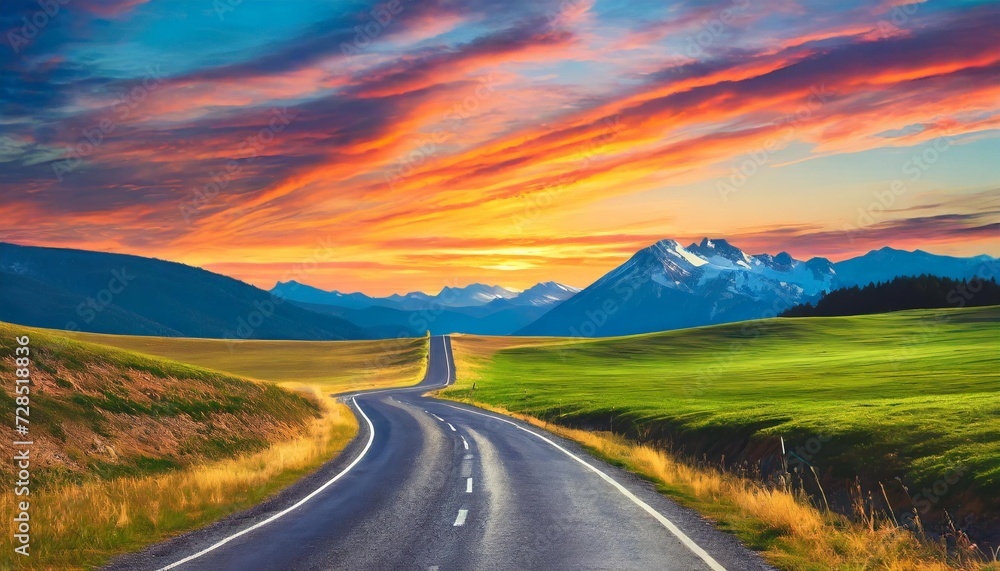 a road in the prairie surrounded by a colorful sky sunset in the mountains illustration