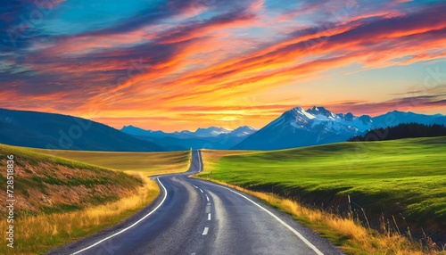 a road in the prairie surrounded by a colorful sky sunset in the mountains illustration