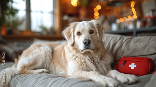 A vigilant golden retriever lies comfortably on a couch, next to a red first aid kit, suggesting readiness and care