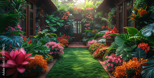 3D rendering of a beautiful garden with plants and flowers in the evening