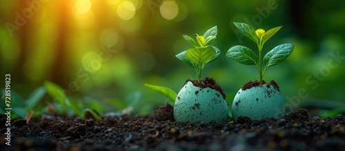 The concept of new life and sustainability is captured by young plants sprouting from eggshells on fertile soil photo