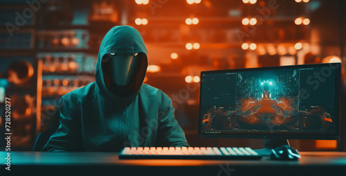 Cyber attack concept. Hacker in mask with computer on dark background