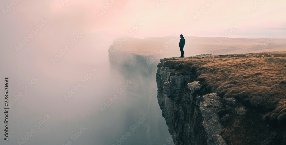 Man standing on the edge of a cliff and looking at the sunset,Silhouette of a man standing on the edge of a cliff in the fog. - obrazy, fototapety, plakaty 