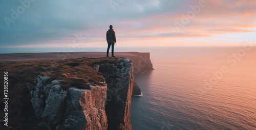 Man standing on the edge of a cliff and looking at the sunset,Silhouette of a man standing on the edge of a cliff in the fog. photo
