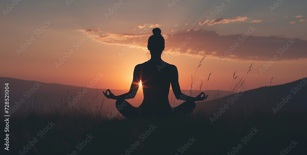 Yoga woman in lotus pose on top of mountain at sunset,Silhouette of woman practicing yoga in the lotus position at sunset