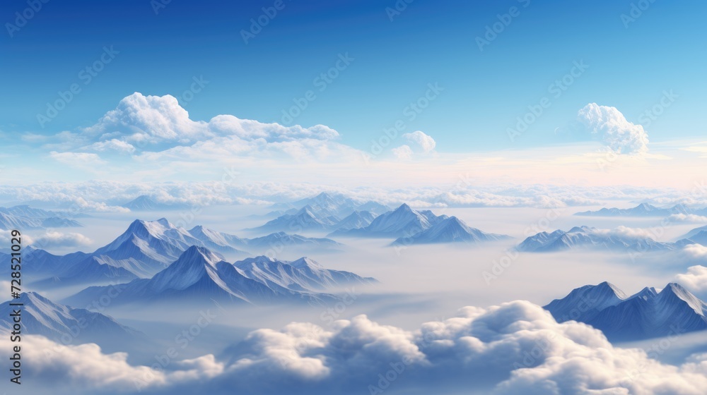 Altitude Mountain Landscape With Blue Sky, Peaks & Clouds From High Altitude View