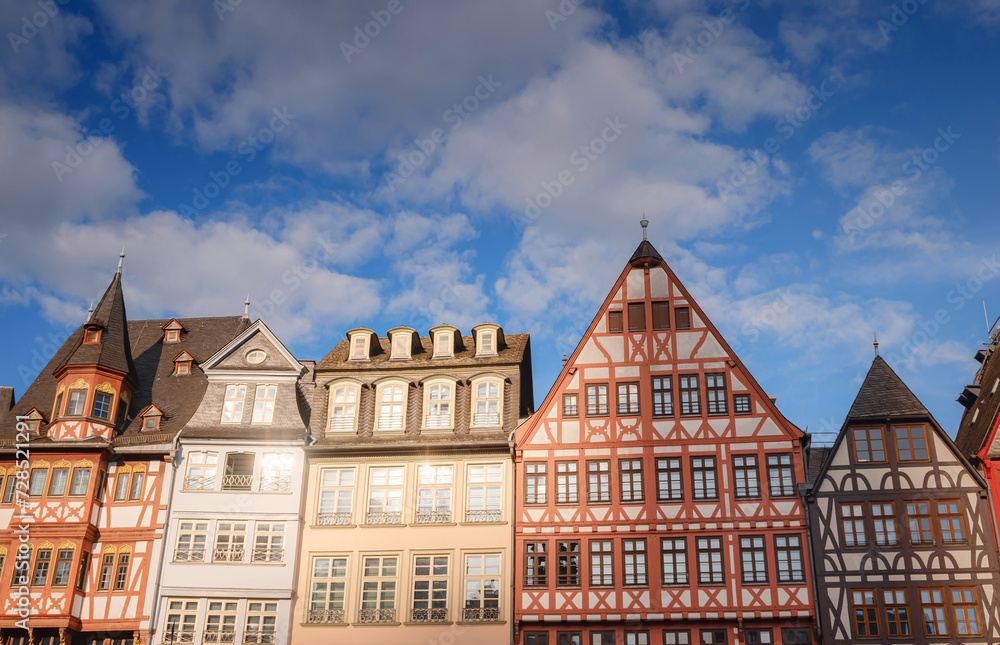 spring trip to Europe. beautiful old German cities, Travel and German sightseeing locations. scenic view to facade of old historic houses somewhere in Frankfurt city