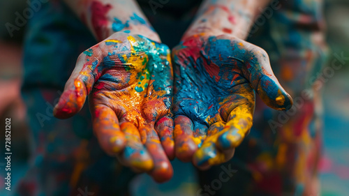 .A close-up of an artist's hands covered in vibrant paint