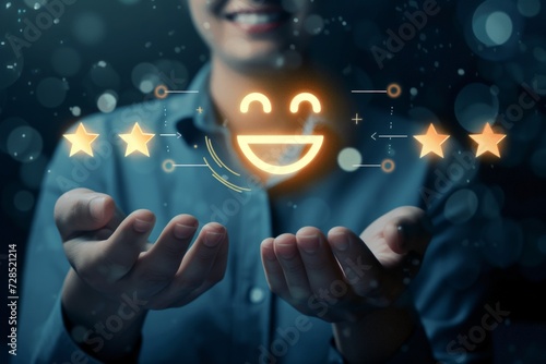 Conjoint buoyant uplift emojis. Verified reviews client media communication manipulate smiles happy faces. Neon glowing star emojis, star ratings, handicraft joyful and light happy lucky smiley faces. photo