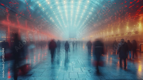Busy urban scene with blurred people under illuminated arches Generative AI image photo