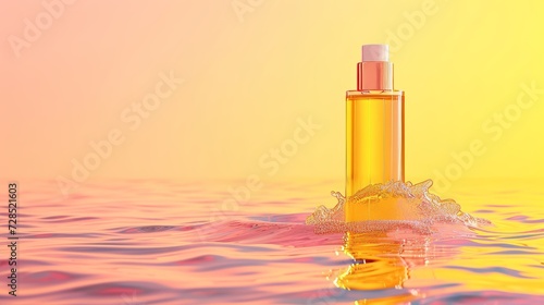 Skin-hydrating serum stands in water against a pink-yellow backdrop.