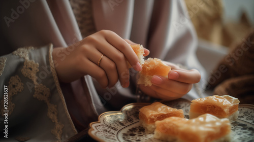 Close-up of Muslim woman having baklava for dessert at home 