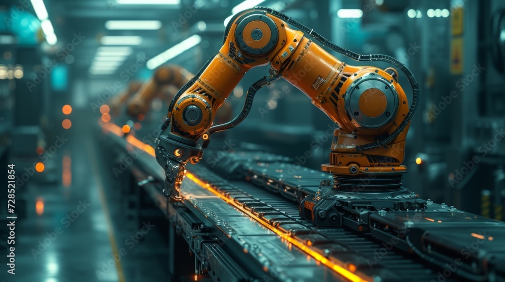 Industry 4.0 or 4th industrial revolution smart robot arms for digital factory production technology and IOT software to ensure operations are automated.
