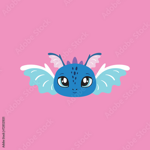 Dragon vector illustration, cute portrait, little child, baby face, wings, symbol of the year, character. Cutie, funny baby animal face, portrait. Illustration for printing on fabric, postcard, print 