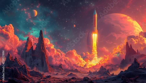 Whimsical Pastel Space Art with Vintage Rockets - Retro-Futuristic Landscape Illustration, Trendy Abstract Wallpaper