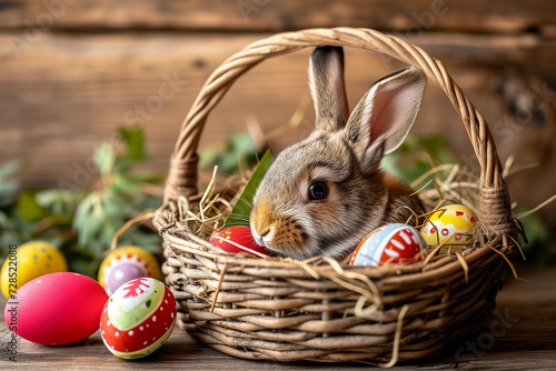 Easter Wallpaper, Background, or Greeting Card: Adorable Little Bunny in a Woven Basket with Colorfully Decorated Easter Eggs on a Wooden Background, Infusing Charm and Whimsy into Your Easter Decor