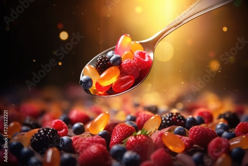 Dietary Supplements on Fruits Background. Spoon with Tablet Dope for Healthy Nourishment and Sport