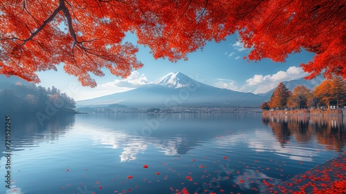 Autumn in Japan, the morning fog over Mount Fuji, and the bright red leaves at Lake Kawaguchiko are among the best sights. © Zaleman