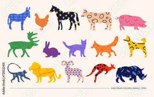 Set minimalistic bizarre unusual wild and domestic animals in matisse art style, Hand drawn silhouettes zoo with different textures, Big vector doodle graphic elements