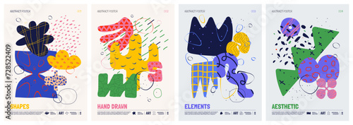 Colorful vector minimalistic Posters with bizarre abstract geometric unusual shapes and forms with different textures in matisse style, Hand drawn modern wall art with aesthetic naive figures, set 1