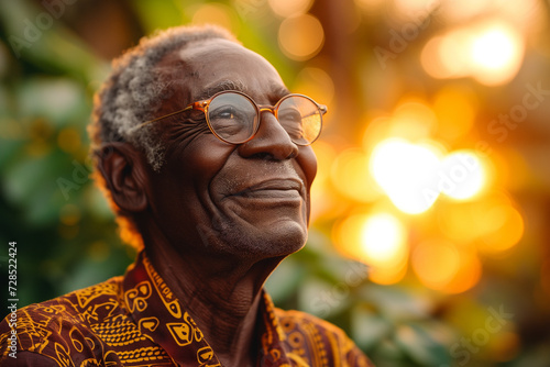 Generative AI illustration of elderly African man smiling contentedly with sunlight flaring in the background