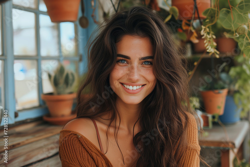 Generative AI illustration of radiant young woman with a captivating smile surrounded by indoor plants in a cozy home environment