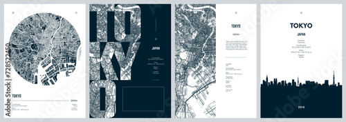 Set of travel posters with Tokyo, detailed urban street plan city map, Silhouette city skyline, vector artwork