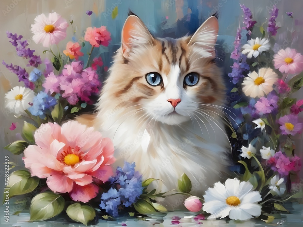 Fototapeta cat and flowers painting	