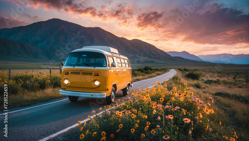 Yellow Campers Bus On the Road Blazing With Flowers and Natures, Sunset at Before Mountains, Travel Stock Photos. #728522659
