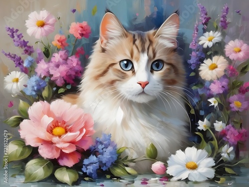 cat and flowers painting 