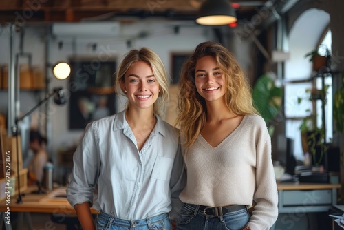 Two fashionable women beam with joy as they stand side by side in their stylish denim outfits, framed by the walls and ceiling of their indoor setting