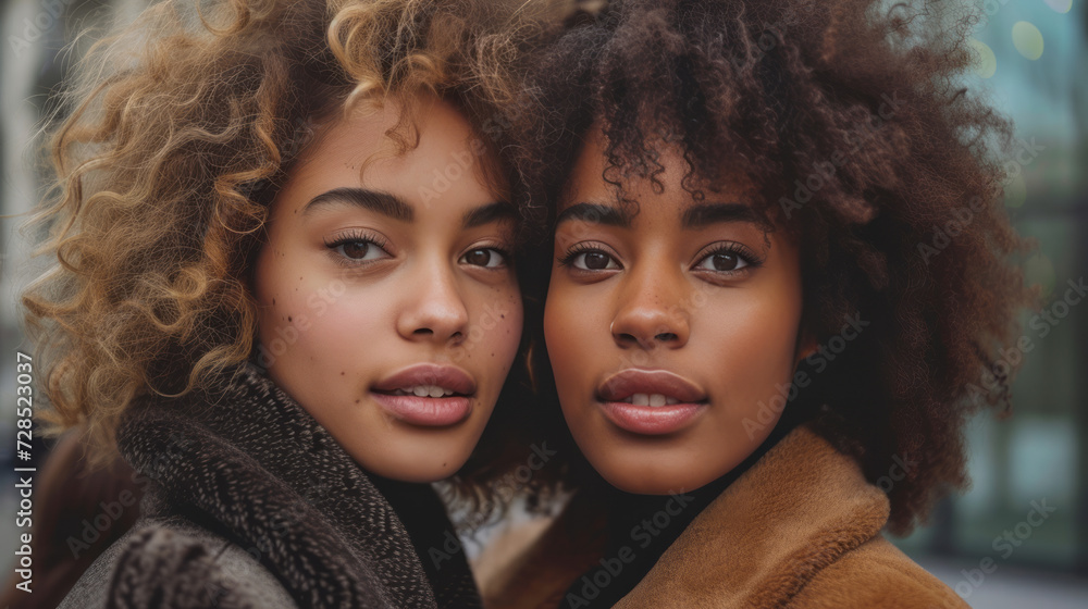 Close-up portrait of two attractive young black women in winter coats outdoors. Beautiful African and mulatto girls with charming appearance. Diversity in fashion. Close-up portrait of two attractive young black women in winter coats outdoors. Beautiful African and mulatto girls with charming appearance. Diversity in fashion.