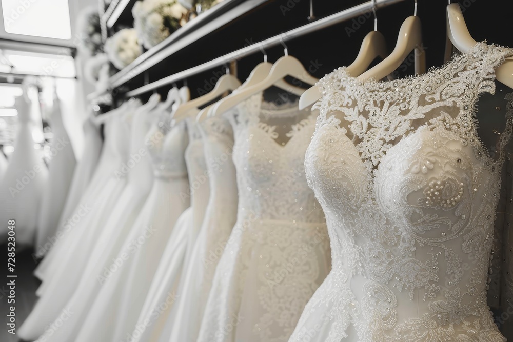 A stunning display of opulent ivory wedding gowns adorned with exquisite embellishments, standing tall on elegant mannequins in a luxurious indoor setting, showcasing the epitome of haute couture bri
