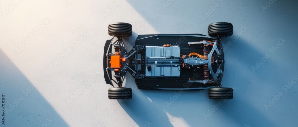 Overhead view of a high-performance electric car chassis, showcasing modern automotive design Overhead view of a high-performance electric car chassis, showcasing modern automotive design