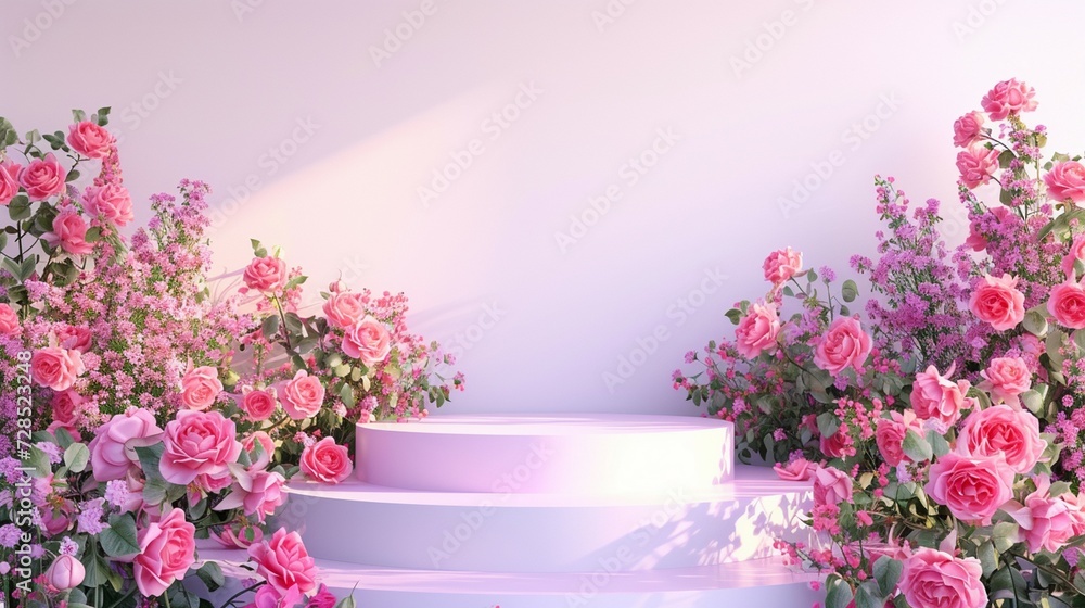 Podium background flower rose pink 3d spring table beauty stand display nature white generated by ai Podium background flower rose pink 3d spring table beauty stand display nature white generated by ai