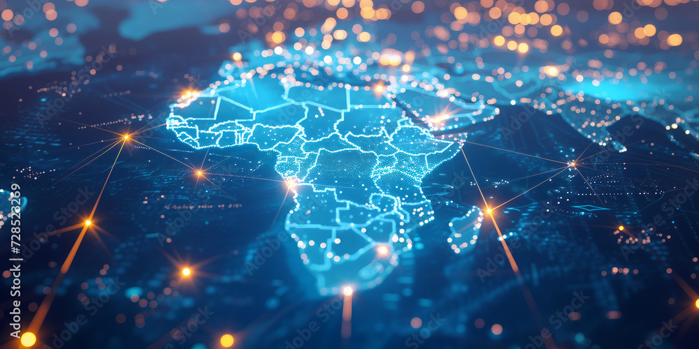 Digital map of Africa, concept of global network and connectivity, high speed data transfer and cyber technology, business exchange, information and telecommunication - obrazy, fototapety, plakaty 