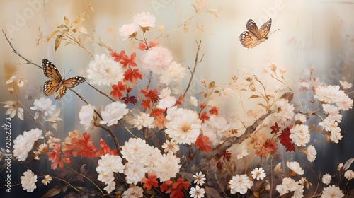 classic chinoiseries style painting with flower and butterfly, beautiful art work for wall art, decoration, and wallpaper