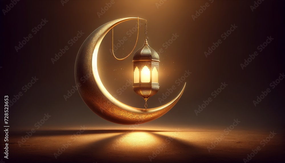 Ramadan lantern and golden crescent moon shining brightly isolated on dark background