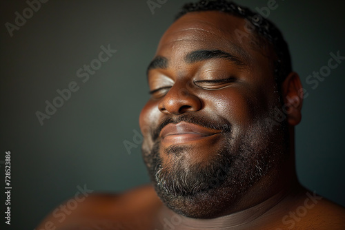 Positive overweight African American man with closed eyes, obese adult man emotion enjoyment