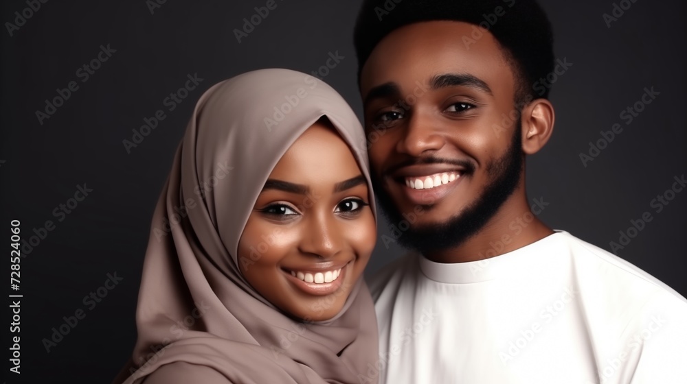 Portrait of loving african american young muslim couple posing on grey studio background. Beautiful black man and woman in hijab hugging and smiling at camera, relationships concept Portrait of loving african american young muslim couple posing on grey studio background. Beautiful black man and woman in hijab hugging and smiling at camera, relationships concept
