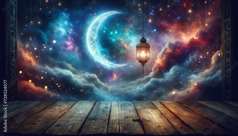Empty old wood with decorated lanterns and shining crescent moon on cloudy night background Empty old wood with decorated lanterns and shining crescent moon on cloudy night background