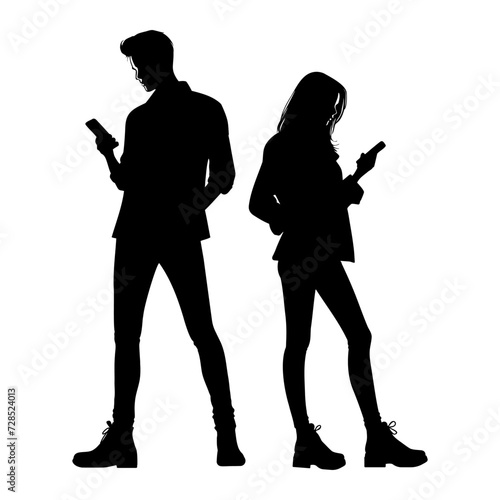 silhouette of a couple looking at smartphone and turning their backs to each other. vector illustration