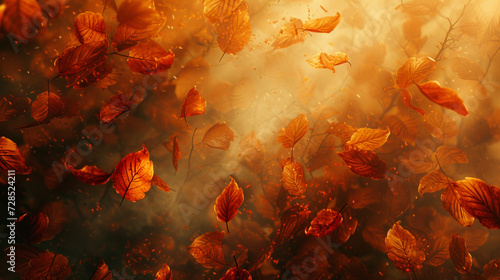 Witness the symphony of autumnal warmth, as amber and russet leaves cascade in an abstract ballet, forming a rich tapestry of seasonal elegance.  photo
