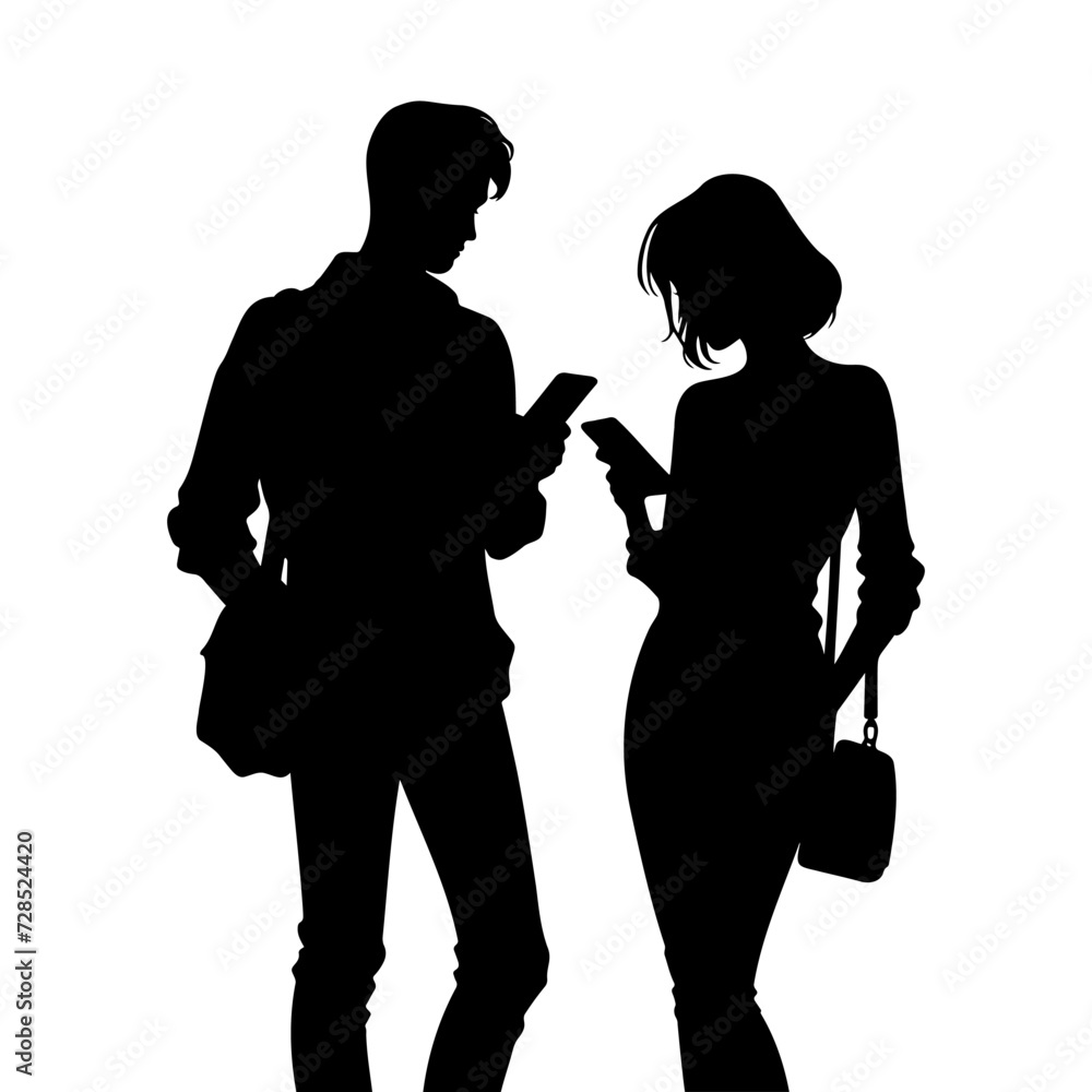 Young man and woman using a smartphone silhouette. Vector illustration