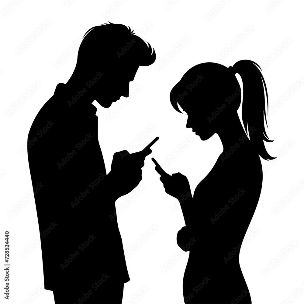 Silhouette of a man and woman using a smartphone together. Vector illustration Silhouette of a man and woman using a smartphone together. Vector illustration